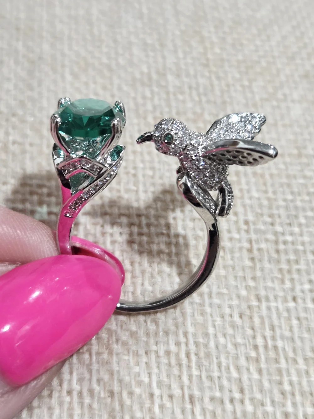 Hummingbird Ring with Green Gem Stone~ Adjustable